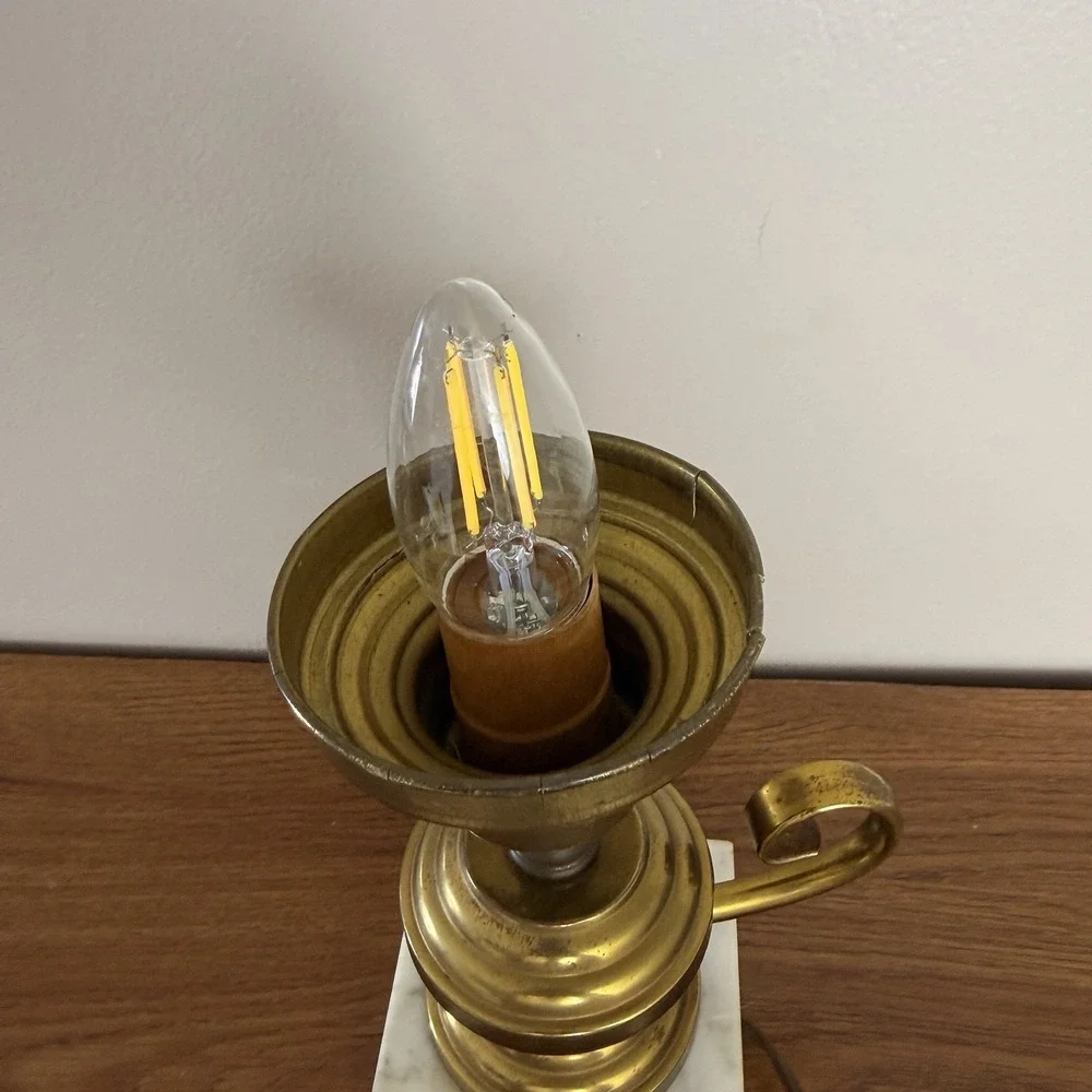 Vintage Brass Marble Table Lamp Candle Style Hollywood Regency Accent